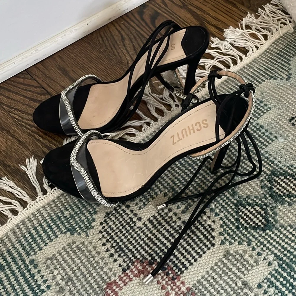 Schutz Cath Black Tie Up Rhinestone Embellished Clear Open Toe Heeled Sandals - Picture 6 of 8
